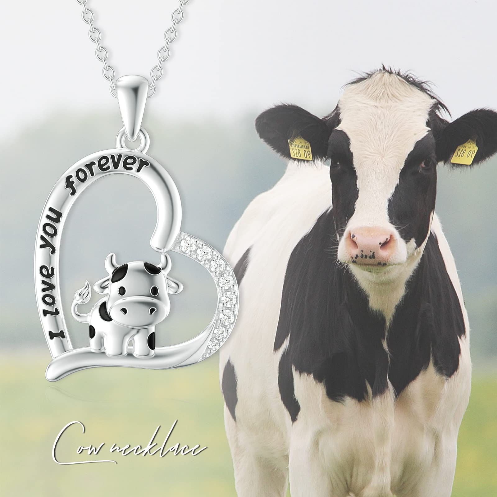 MEIDERBO Cow Necklace 925 Sterling Silver I Love You Forever Heart Cow Pendant Necklace Cow Jewelry Gifts for Women Cow Lovers