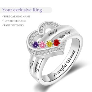 Seecoco Personalized Mothers Rings with 1-8 Simulated Birthstones Heart Mother Ring with Names Custom Mother Daughter Ring Jewelry for Women Family Ring for Mom Wife Grandmother (4 Stone)