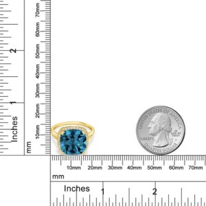 Gem Stone King 10K Solid Yellow Gold London Blue Topaz and White Created Sapphire Engagement Ring | Cushion Cut 12MM | 8.54 Cttw | Gold Ring For Women | Available In Size 5, 6, 7, 8, 9