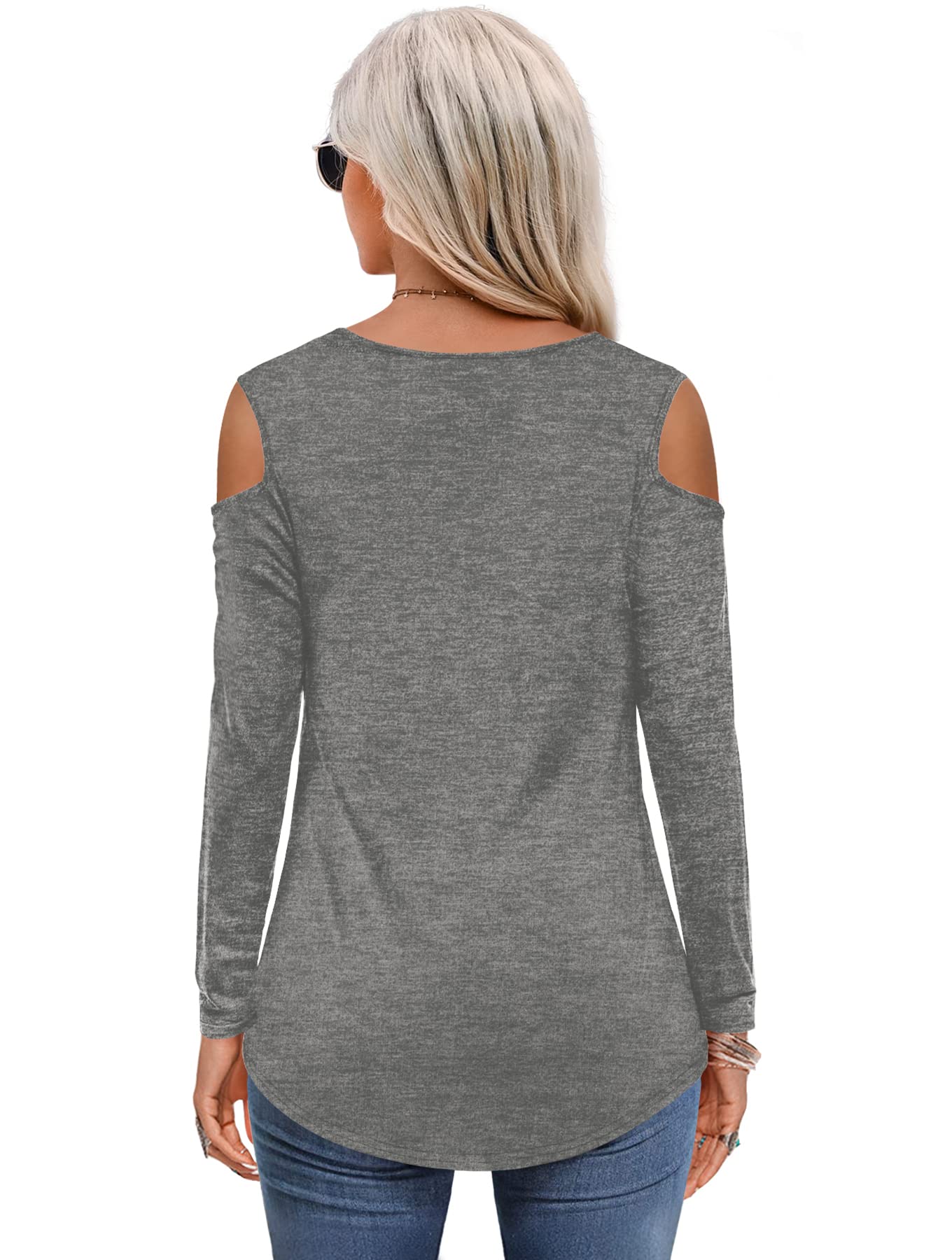 Amoretu Womens Cold Shoulder Tops Long Sleeve Basic Layer Stretchy Shirts(Grey,XL)