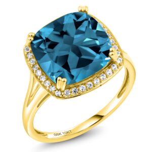 Gem Stone King 10K Solid Yellow Gold London Blue Topaz and White Created Sapphire Engagement Ring | Cushion Cut 12MM | 8.54 Cttw | Gold Ring For Women | Available In Size 5, 6, 7, 8, 9