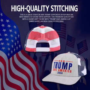 Donald Trump 2024 Save America Hat American Flag MAGA Trucker Hat for Republicans and President Supporters | Perfect for a Trump Rally Grey