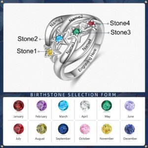 Personalized Star Mothers Ring with Engraved 1-4 Names & Simulated Birthstones Sterling Silver Promise Ring for Grandmother Mother Wife Family Jewelry Gifts Accompany You Through the Long Years (4 birthstones & names)