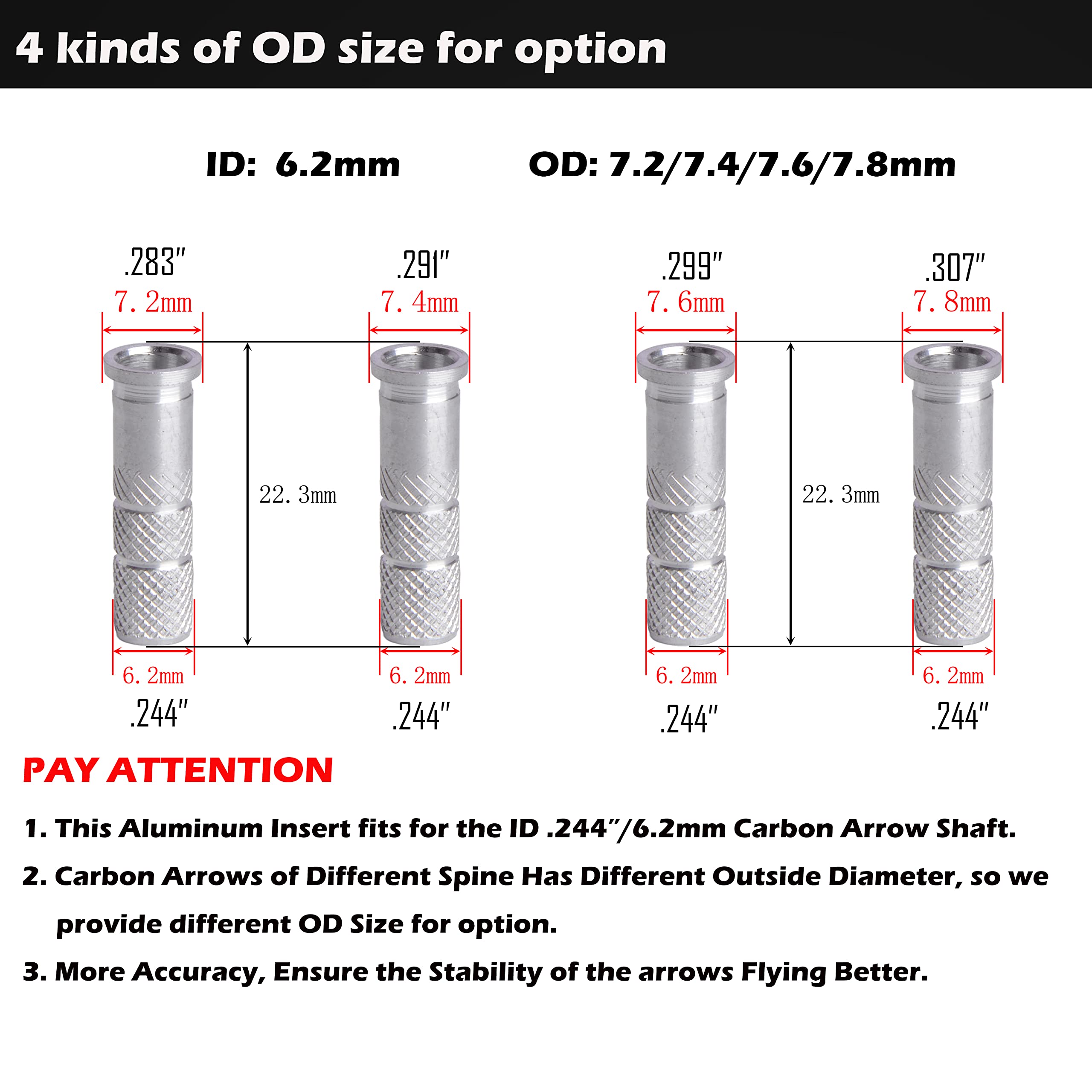 SHARROW Archery Aluminum Inserts .244 for Archery Carbon Arrows Shaft ID 6.2mm Arrow Insert Base Aluminum Point Insert with Storage Box for Archery Arrows Accessories 30/50pcs (OD 7.6mm, 30)