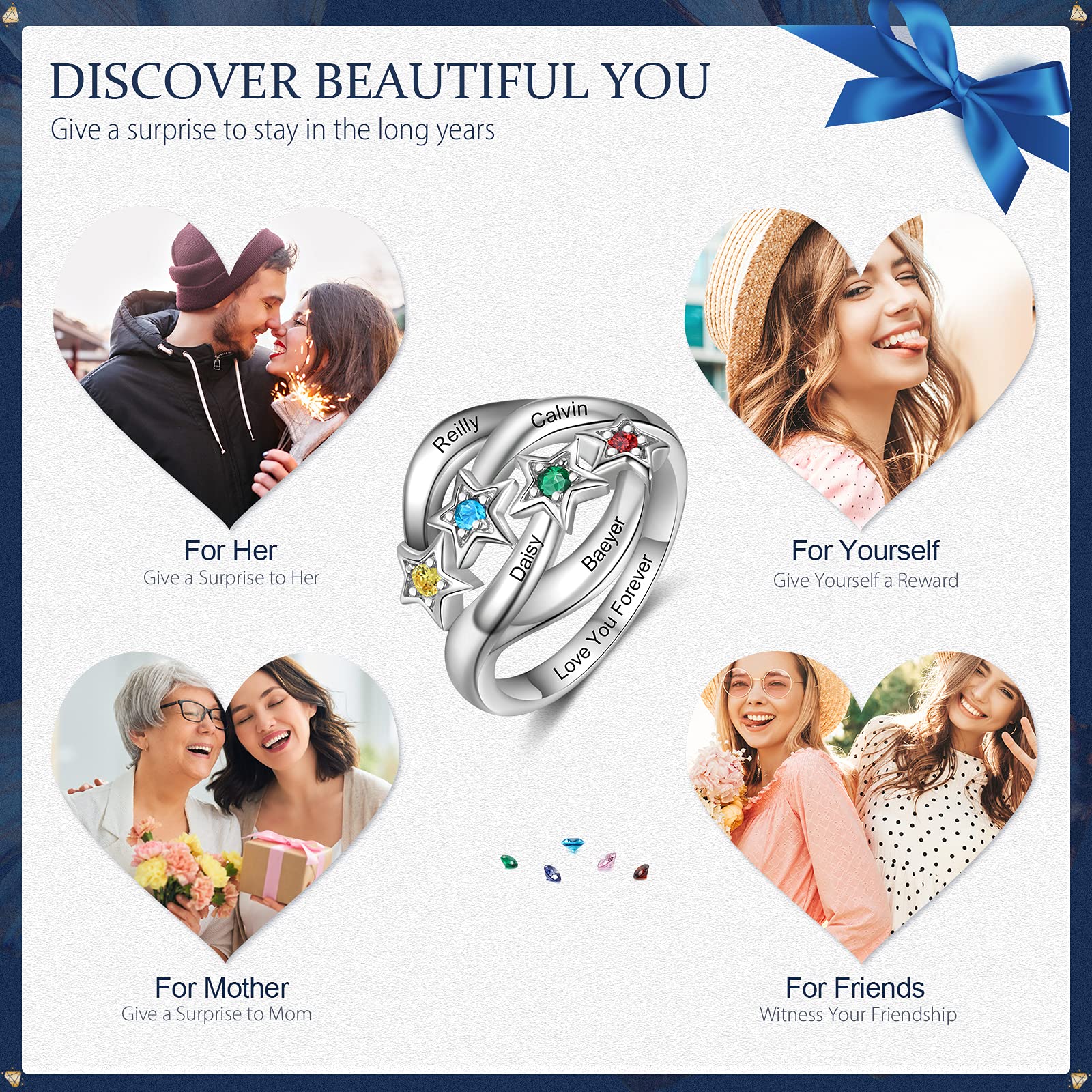 Personalized Star Mothers Ring with Engraved 1-4 Names & Simulated Birthstones Sterling Silver Promise Ring for Grandmother Mother Wife Family Jewelry Gifts Accompany You Through the Long Years (4 birthstones & names)