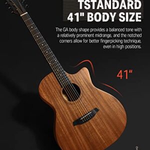 Donner Acoustic Guitar Beginner Full Size 41 Inch Soild Mahogany Top Cutaway Grand Auditorium Adult Starter Bundle Kit with Gig Bag Strap Tuner Capo Pickguard String 4 Picks Cloth Right Hand BLACK