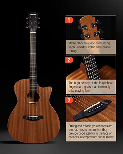 Donner Acoustic Guitar Beginner Full Size 41 Inch Soild Mahogany Top Cutaway Grand Auditorium Adult Starter Bundle Kit with Gig Bag Strap Tuner Capo Pickguard String 4 Picks Cloth Right Hand BLACK