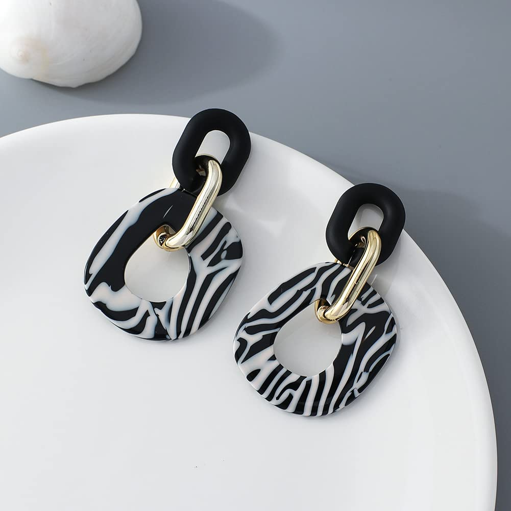 Fashion Circle Dangle Earrings Acrylic Black White Zebra Print Geometric Round Drop Earrings Chunky Paperclip Chain Link Dangling Earrings Statement Trendy jewelry gift for Women