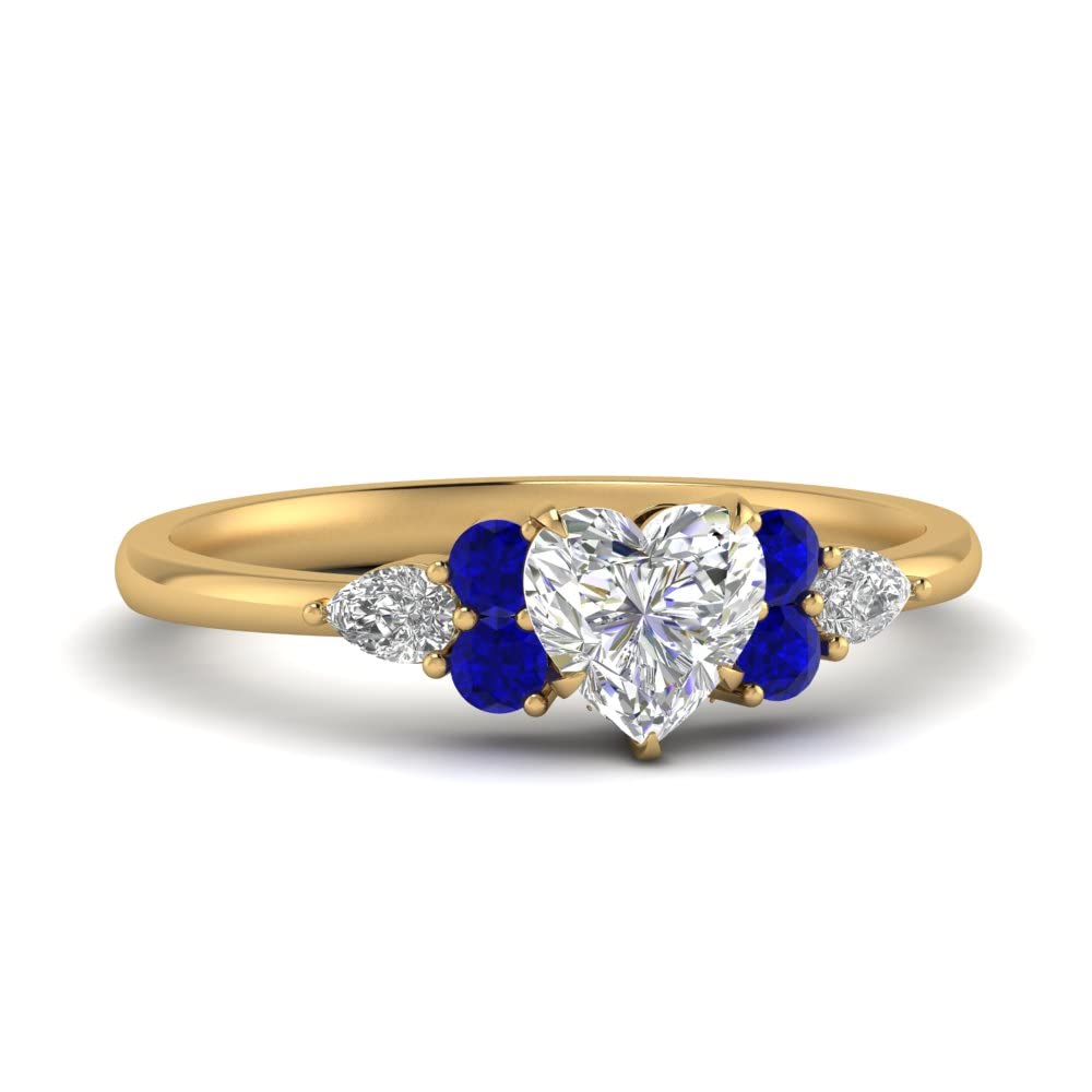 Gemsonclick New Year's Gifts daughter ring jewelry gifts for her rings unique jewelry 14k Yellow Gold Plated Created Blue Sapphire Heart Shape Blue Color Side Stone Rings Basket Setting in Size 7