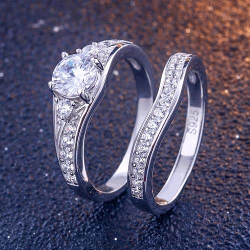 Vintage Bridal Sets Wedding Rings for Women Engagement Ring Set Platinum Plated Silver, 1 Carat Center Moissanite Wedding Ring Set Anniversary Promise Rings