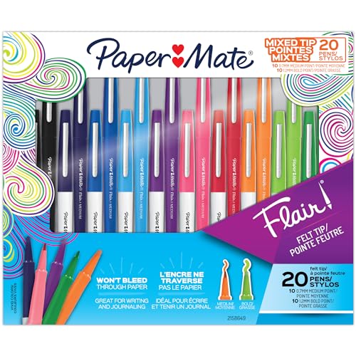 Paper Mate Flair Felt Tip Pens, Bold And Medium Point, 0.7 mm, Assorted Colors, Pack Of 20 Pens