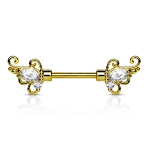 Pair of CZ Floral 14K Gold Plated Surgical Steel Nipple Rings Barbells 14g 1/2" - Gold