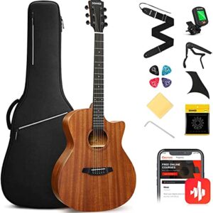 Donner Acoustic Guitar Beginner Full Size 41 Inch Soild Mahogany Top Cutaway Grand Auditorium Adult Starter Bundle Kit with Gig Bag Strap Tuner Capo Pickguard String 4 Picks Cloth Right Hand BLACK