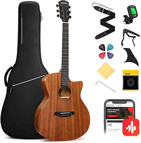 Donner Acoustic Guitar Beginner Full Size 41 Inch Soild Mahogany Top Cutaway Grand Auditorium Adult Starter Bundle Kit with Gig Bag Strap Tuner Capo Pickguard String 4 Picks Cloth Right Hand BLACK