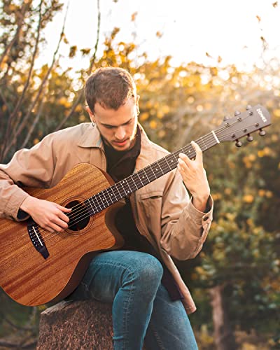 Donner Acoustic Guitar Beginner Full Size 41 Inch Soild Mahogany Top Cutaway Grand Auditorium Adult Starter Bundle Kit with Gig Bag Strap Tuner Capo Pickguard String 4 Picks Cloth Right Hand BLACK