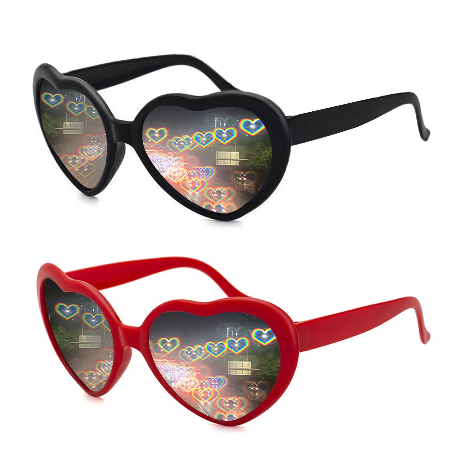 2 Pack Heart Shaped Diffraction Glasses for Women, Heart Effect Sunglasses are Perfect for Valentines Day Accessories, Rave Party, Wedding Party, Musical Evening, Fireworks Shows.