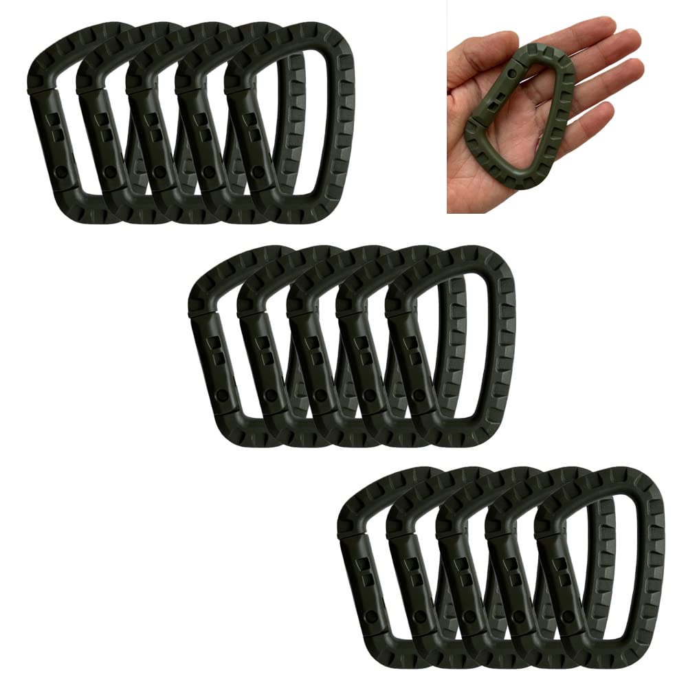 JCPLYNN Tactical Carabiner Keychain - 15 Pack Enforcement Hard Polymer Light Weight Carabiner D Ring Locking Hanging Hook Tactical Spring Snap Gear Clip Utility Hooks (Dark Green)