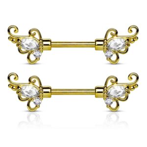 Pair of CZ Floral 14K Gold Plated Surgical Steel Nipple Rings Barbells 14g 1/2" - Gold