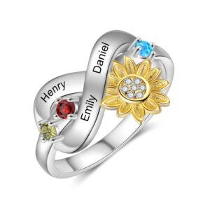 sunflower promise ring for women personalized infinity ring with simulated birthstones custom name engagement rings jewelry gifts for mom wife her(3 stone,6)