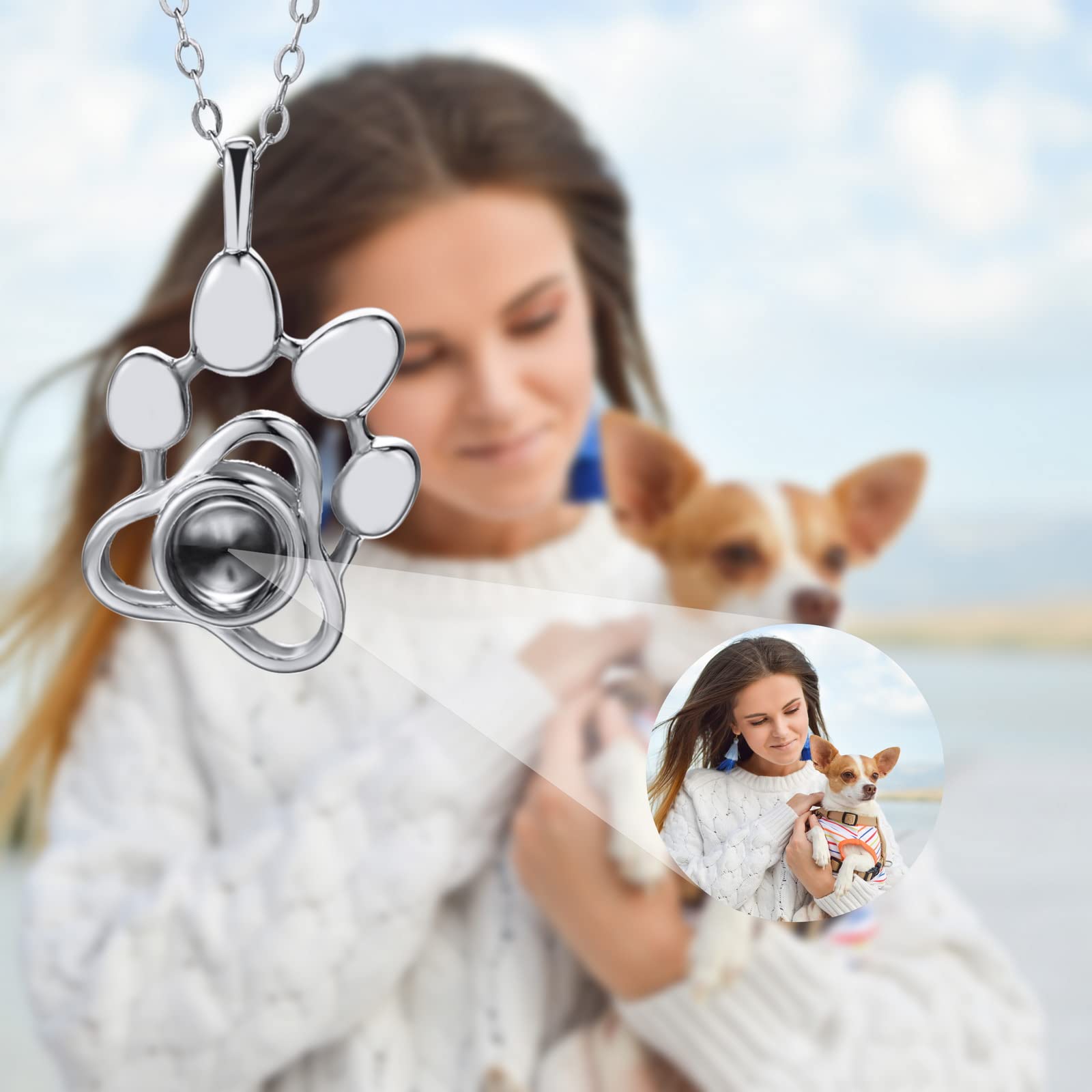 INBLUE Personalized Picture Projection Necklace Sterling Silver Paw Print Charm, Pet Image Inside Remembrance Gift Custom Cat Dog Bunny Memorial Gifts for Women Female Friend New Dog Owners