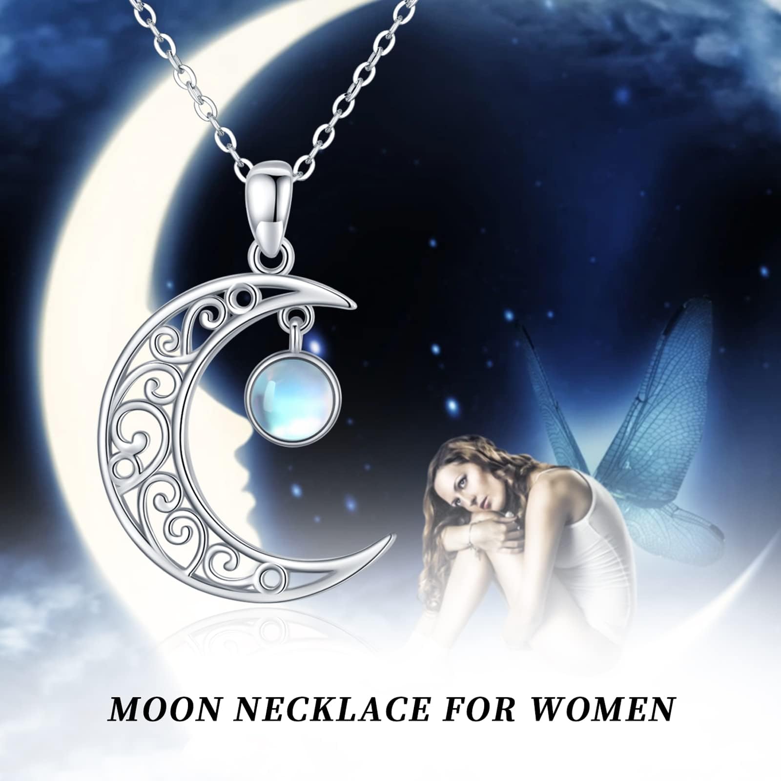 Midir&Etain Moon Necklace 925 Sterling Silver Moon Stone Necklace Celtic Knot Moon Pendant Moon Jewelry Gift Women