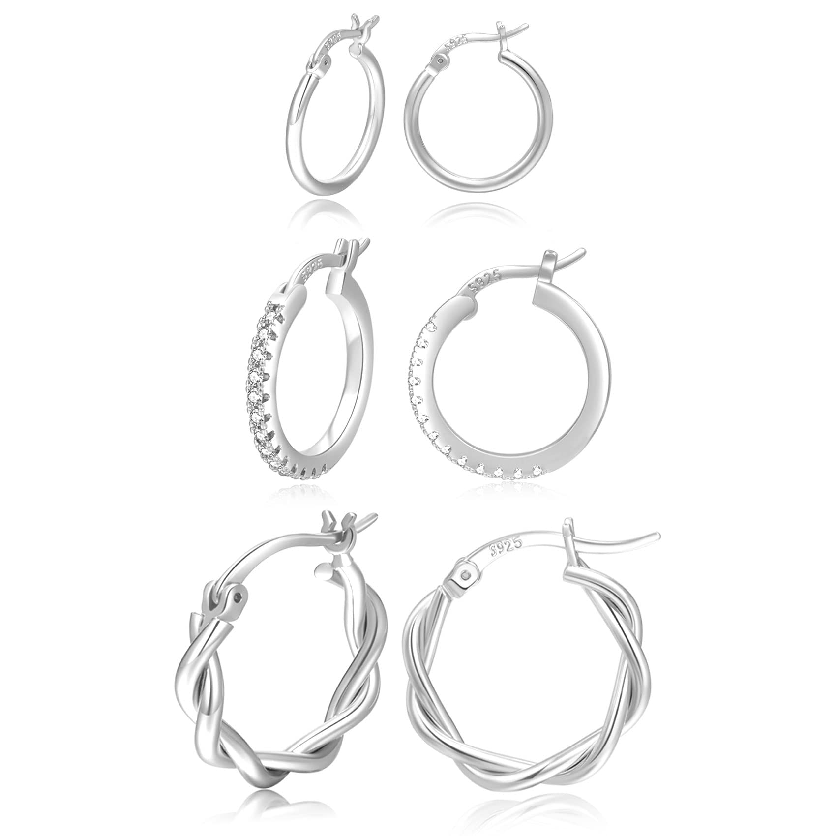 PABBEU Sterling Silver Hoop Earrings for Women S925 Small Silver Hoop Earrings Tiny Hypoallergenic Silver Small Hoop Earrings Set for Women Men 13/15 /20mm