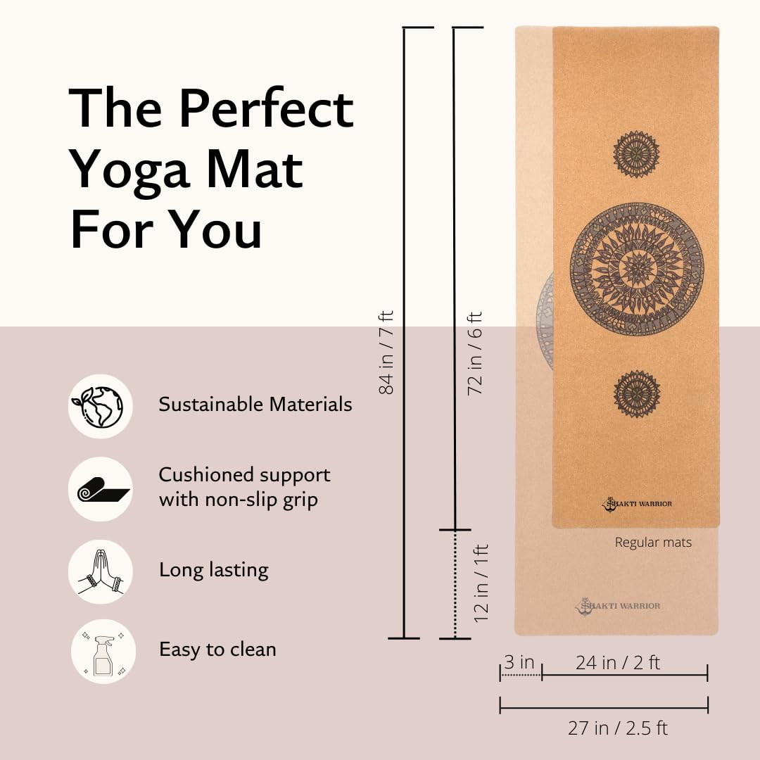 Shakti Warrior Mandala Cork Yoga mat,Extra Long and Wide,Artist Designed, Premium eco friendly mats, Non Slip, Great for Regular & Hot Yoga, Pilates and Work out (84 inchx27 inchx2mm Thick)