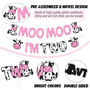 Moo Moo I’m Two Birthday Decoration Cow Theme 2nd Birthday Banner Cow Two Cake Topper Kids Boy Girl’s Happy Second Birthday Party Supplies Glitter Pink Decor