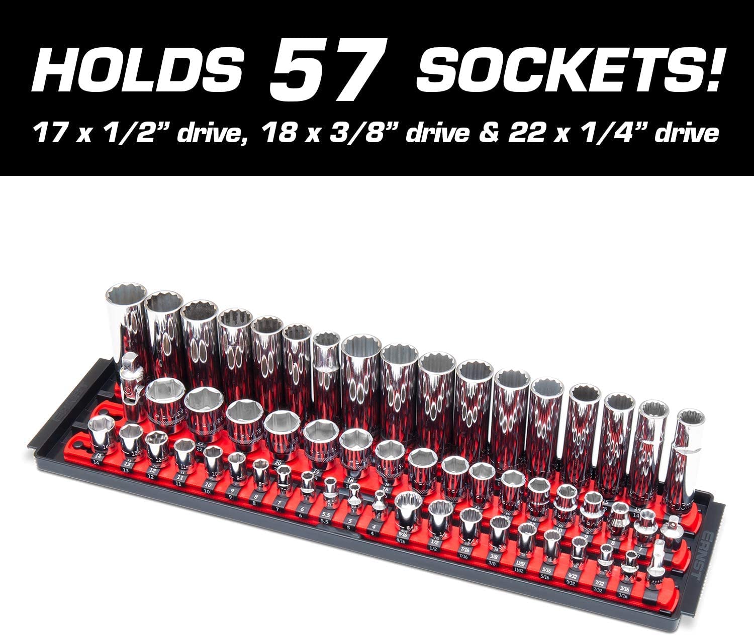 Ernst Socket Boss: A Premium 3-Rail Multi-Drive Socket Organizer in Red (8450), Measuring 19-Inches for Comprehensive Tool Storage - Socket Organization Tray