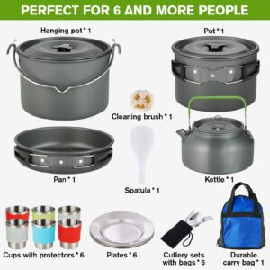 MEETSUN Camping Cookware Set 37 PCs,Large Size Hanging Pot with Camping Pots and Pans Set,Camping Cooking Set for 6 Person, Camping Mess Kit wiht Cups Dishes Forks Spoons Knives for Camping Hiking