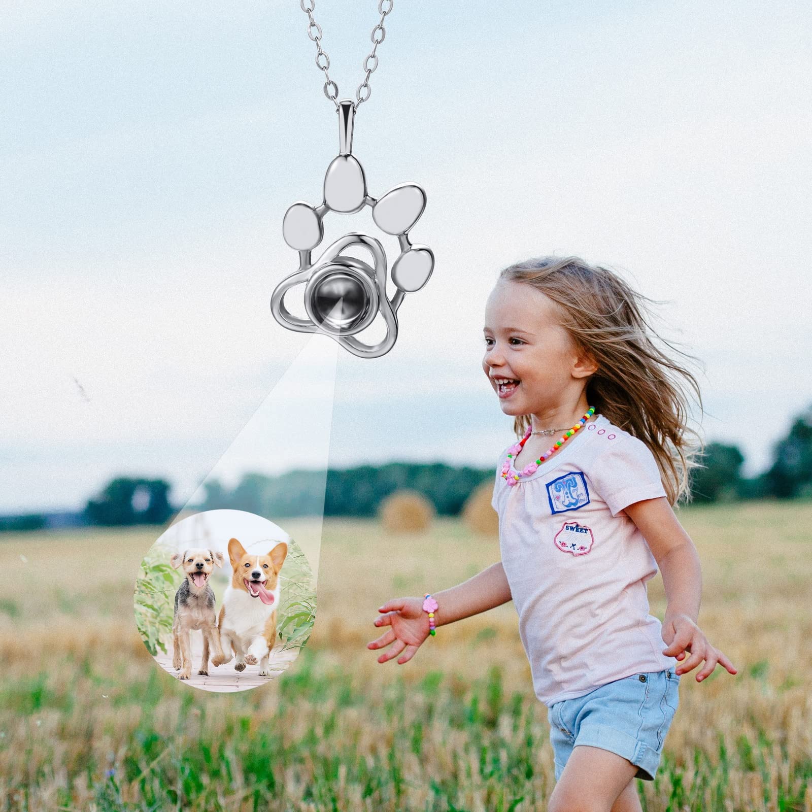 INBLUE Personalized Picture Projection Necklace Sterling Silver Paw Print Charm, Pet Image Inside Remembrance Gift Custom Cat Dog Bunny Memorial Gifts for Women Female Friend New Dog Owners