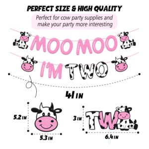 Moo Moo I’m Two Birthday Decoration Cow Theme 2nd Birthday Banner Cow Two Cake Topper Kids Boy Girl’s Happy Second Birthday Party Supplies Glitter Pink Decor