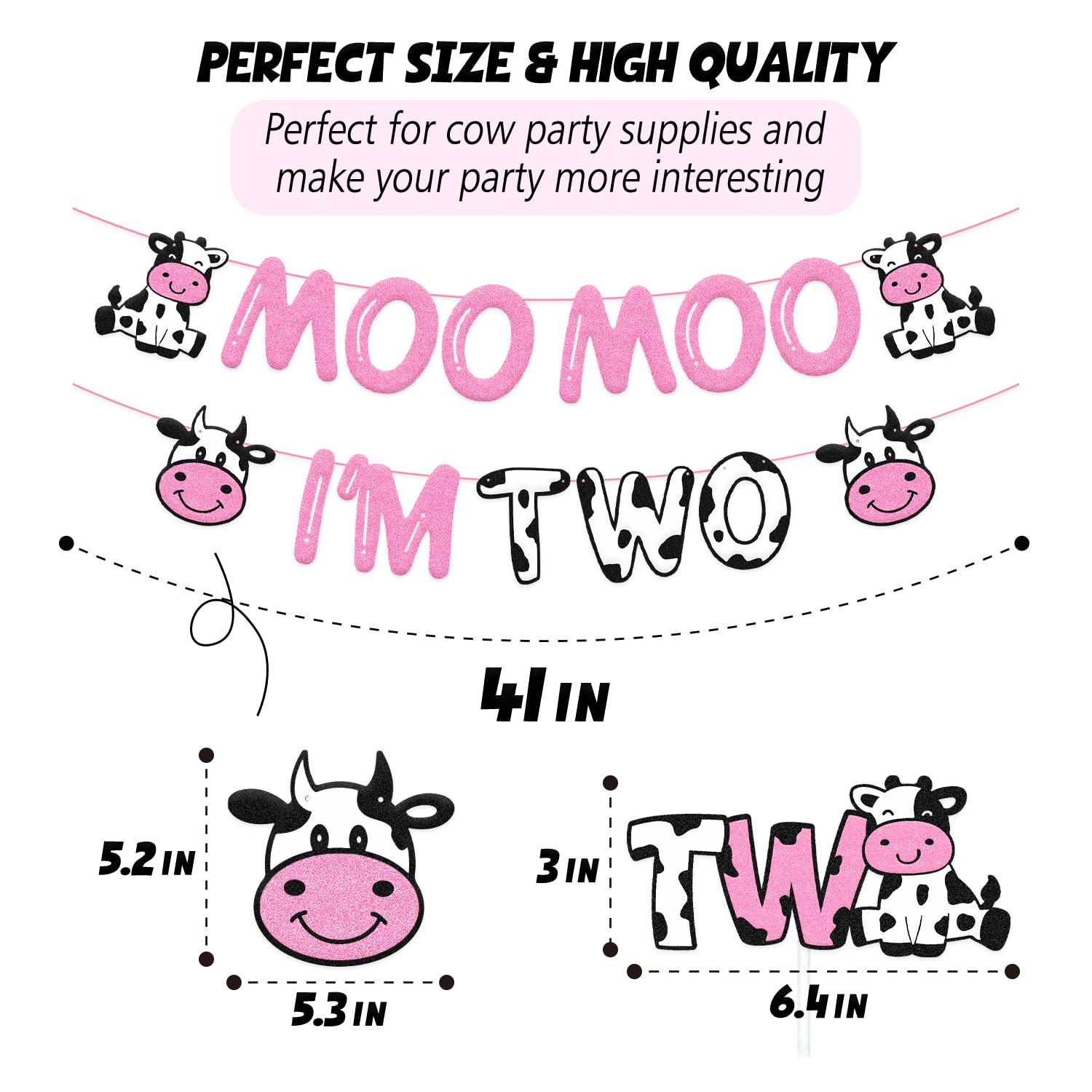 Moo Moo I’m Two Birthday Decoration Cow Theme 2nd Birthday Banner Cow Two Cake Topper Kids Boy Girl’s Happy Second Birthday Party Supplies Glitter Pink Decor