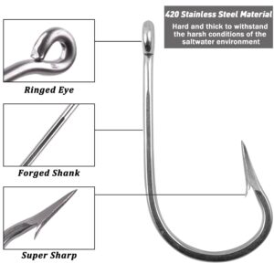 Saltwater Fishing Hooks Southern Tuna Hooks, 15pcs Big Game Hooks Trolling Hooks Stainless Steel Fishing Hooks Forged Extra 6X Strong Circle Hooks Ultra Sharp Knife Point Hooks