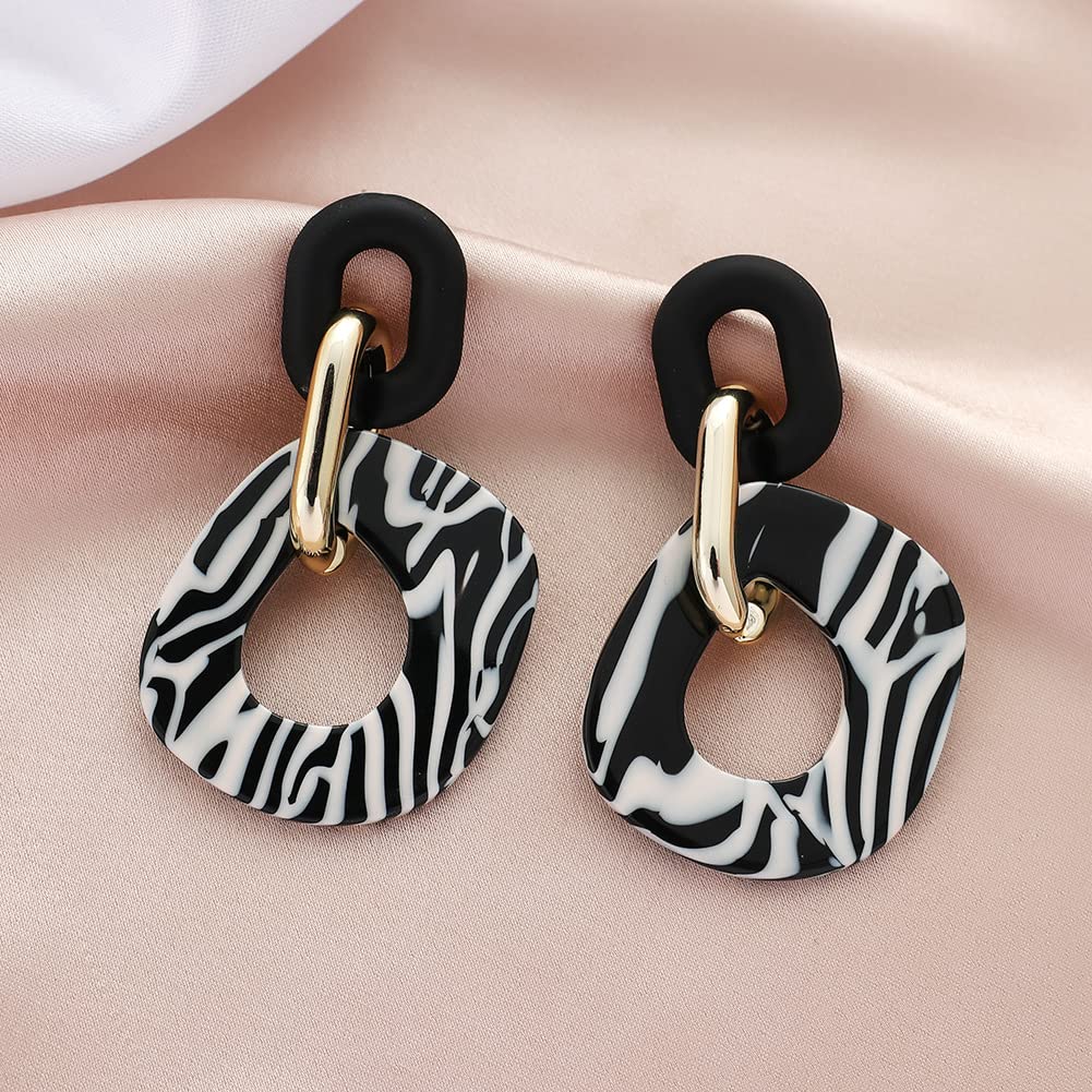 Fashion Circle Dangle Earrings Acrylic Black White Zebra Print Geometric Round Drop Earrings Chunky Paperclip Chain Link Dangling Earrings Statement Trendy jewelry gift for Women