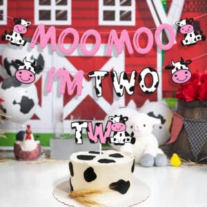 Moo Moo I’m Two Birthday Decoration Cow Theme 2nd Birthday Banner Cow Two Cake Topper Kids Boy Girl’s Happy Second Birthday Party Supplies Glitter Pink Decor