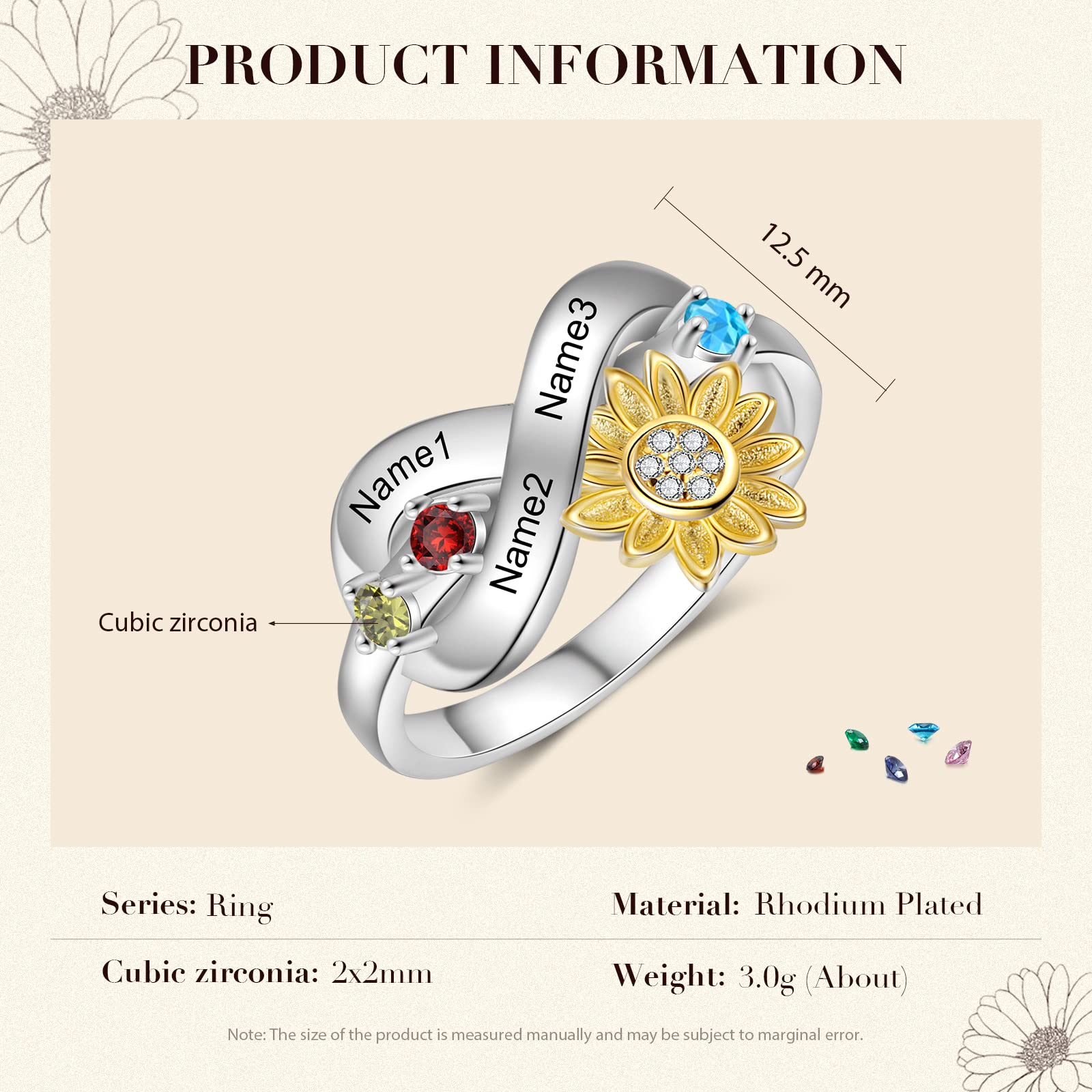 Sunflower Promise Ring for Women Personalized Infinity Ring with Simulated Birthstones Custom Name Engagement Rings Jewelry Gifts for Mom Wife Her(3 Stone,6)