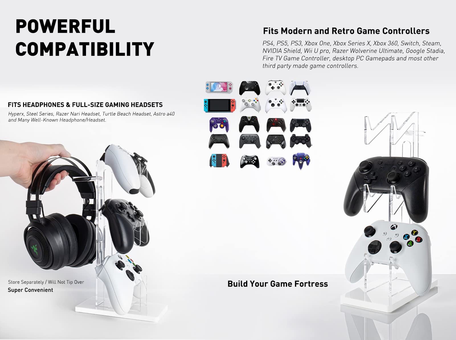 OAPRIRE Universal 3 Tier Controller Holder and Headset Stand for PS5 PS4 XBOX ONE SWITCH STEAM, Controller Stand Gaming Accessories, Build Your Game Fortresses (White)