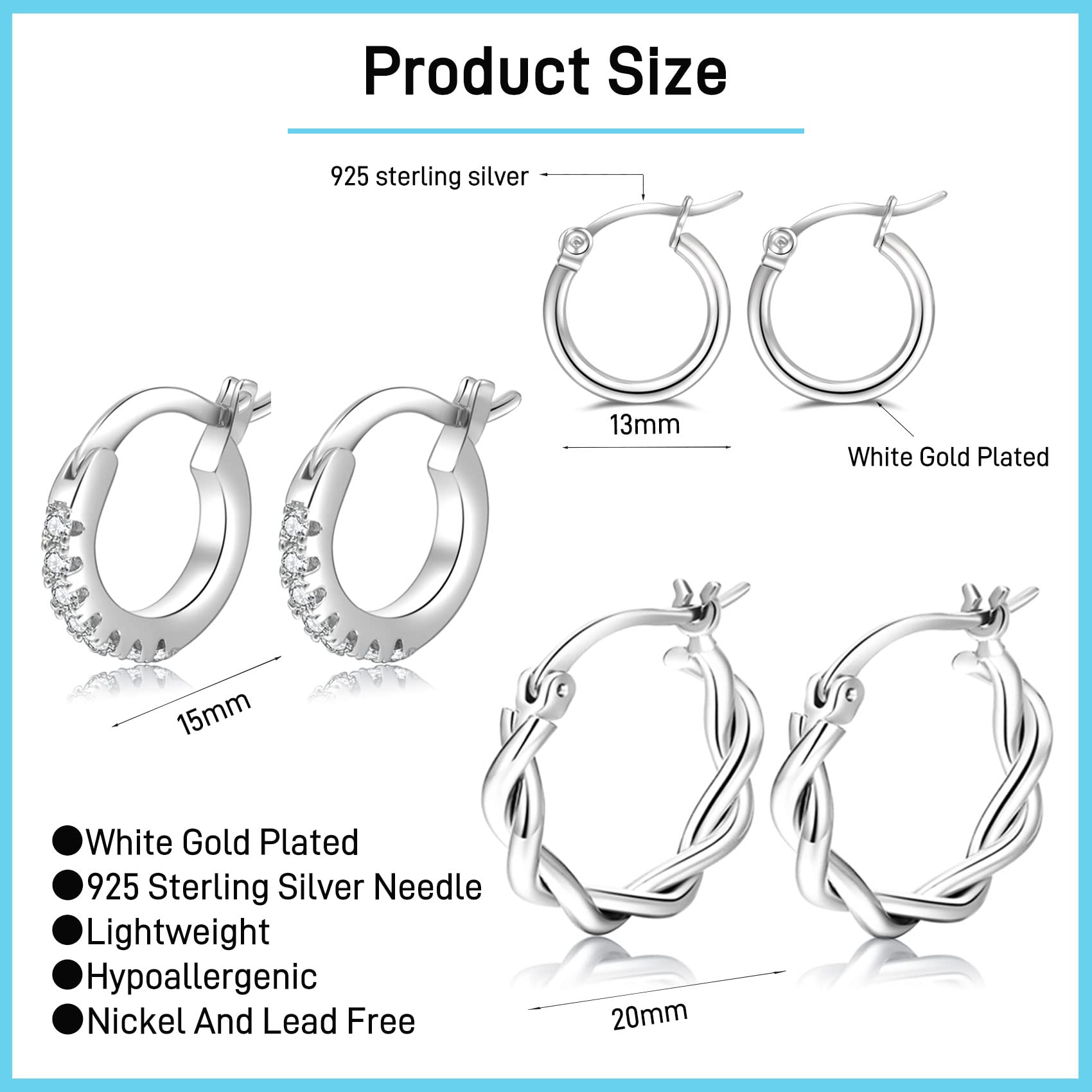 PABBEU Sterling Silver Hoop Earrings for Women S925 Small Silver Hoop Earrings Tiny Hypoallergenic Silver Small Hoop Earrings Set for Women Men 13/15 /20mm