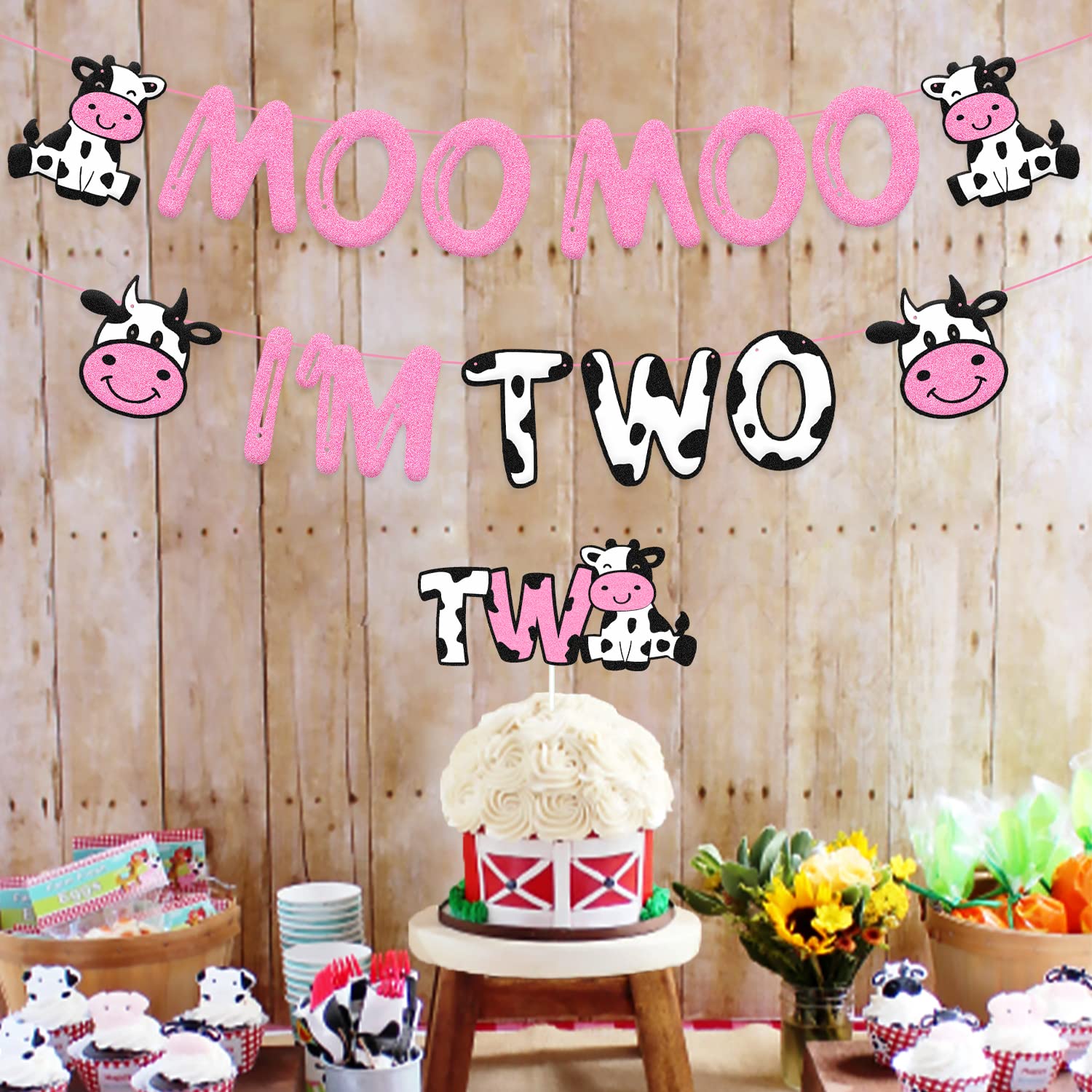 Moo Moo I’m Two Birthday Decoration Cow Theme 2nd Birthday Banner Cow Two Cake Topper Kids Boy Girl’s Happy Second Birthday Party Supplies Glitter Pink Decor