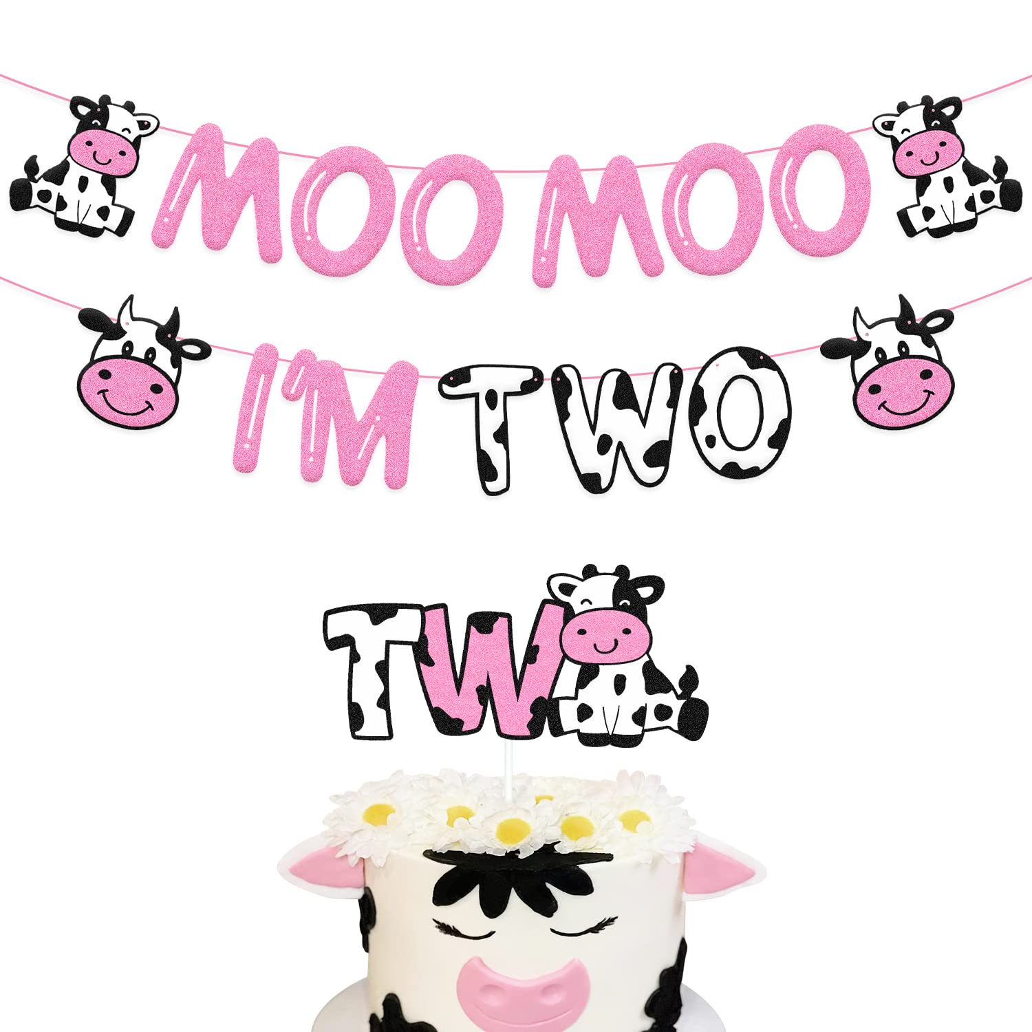 Moo Moo I’m Two Birthday Decoration Cow Theme 2nd Birthday Banner Cow Two Cake Topper Kids Boy Girl’s Happy Second Birthday Party Supplies Glitter Pink Decor