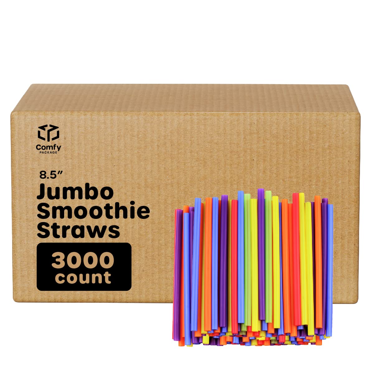 Comfy Package [Case of 3,000] 10 mm Jumbo Smoothie Straws, 8.5" High Plastic Boba Straws, Milkshake Straws - Assorted Colors