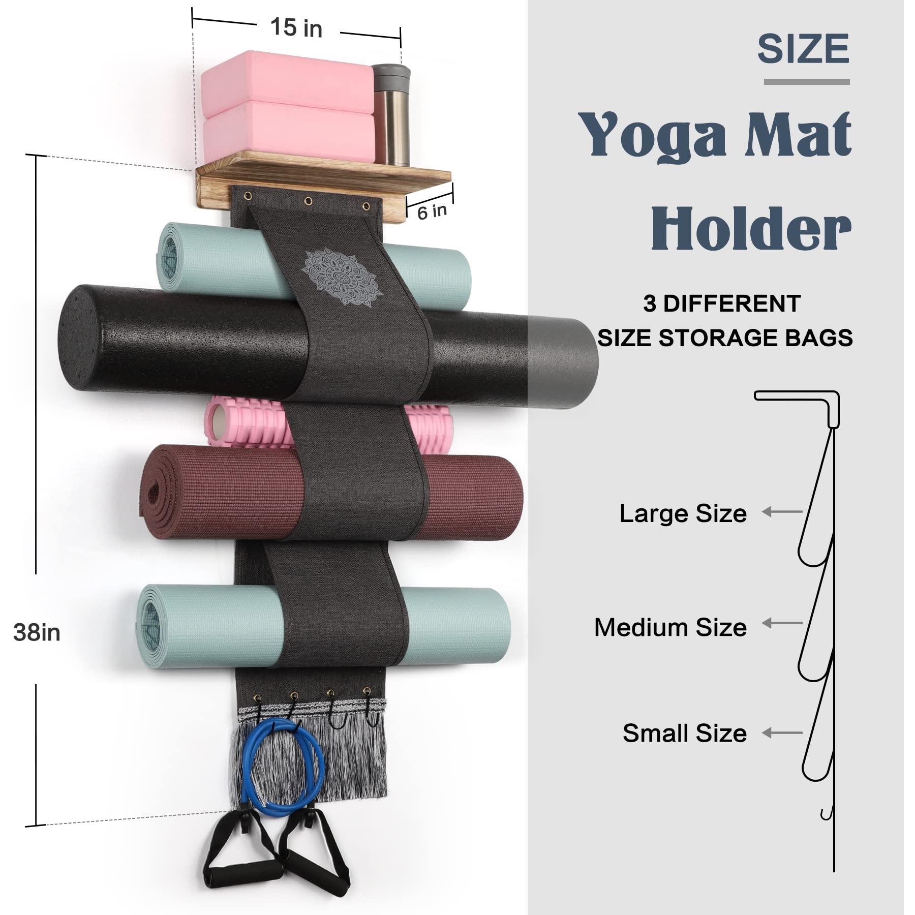 VINAEMO Yoga Mat Holder Wall Mount Storage Rack with 3 Sizes Pocket Wood Floating Shelves and 4 Hooks for Hanging Foam Roller Yoga Mats Yoga Block Home Gym Accessories Carbonized Black