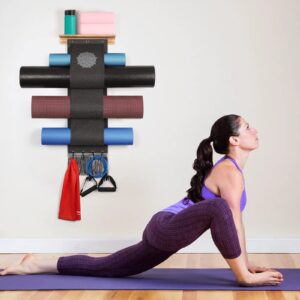 VINAEMO Yoga Mat Holder Wall Mount Storage Rack with 3 Sizes Pocket Wood Floating Shelves and 4 Hooks for Hanging Foam Roller Yoga Mats Yoga Block Home Gym Accessories Carbonized Black