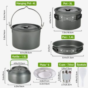 MEETSUN Camping Cookware Set 37 PCs,Large Size Hanging Pot with Camping Pots and Pans Set,Camping Cooking Set for 6 Person, Camping Mess Kit wiht Cups Dishes Forks Spoons Knives for Camping Hiking