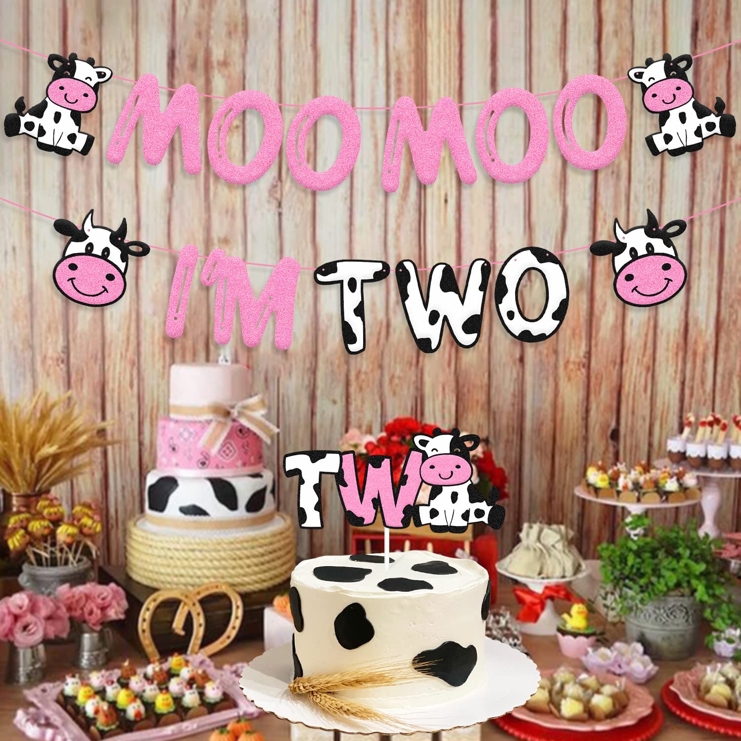 Moo Moo I’m Two Birthday Decoration Cow Theme 2nd Birthday Banner Cow Two Cake Topper Kids Boy Girl’s Happy Second Birthday Party Supplies Glitter Pink Decor