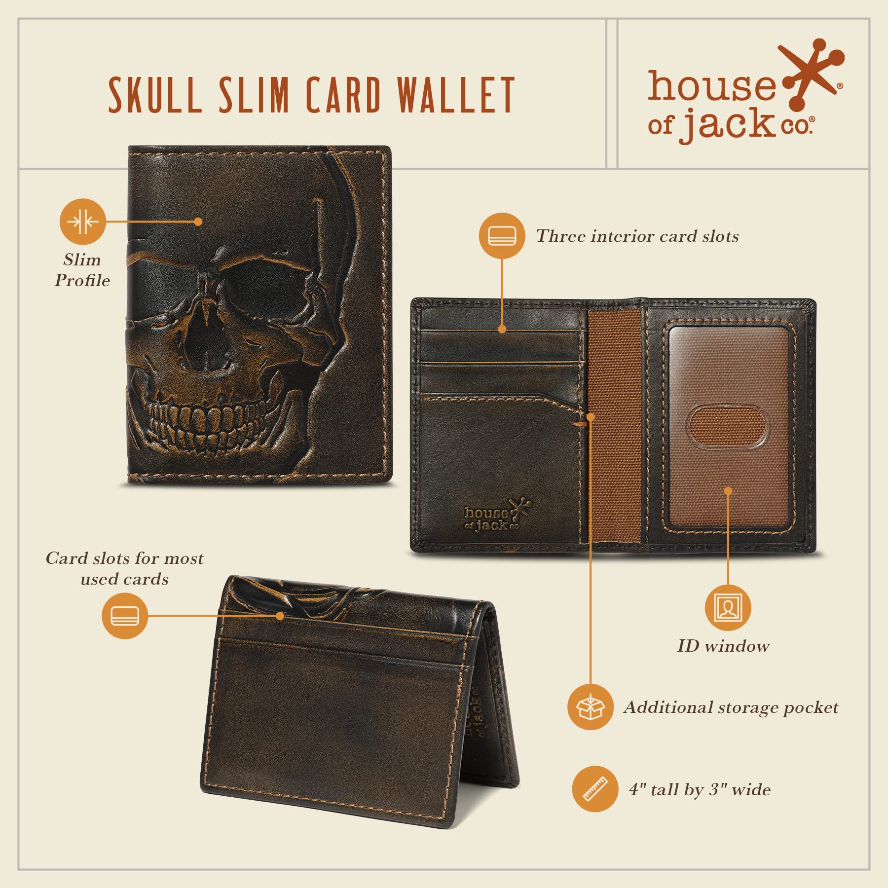 House of Jack Co. SKULL Slim Card Wallet | Minimalist Bifold Card Case | Slim Front Pocket Card Holder | Handburnished Premium Leather