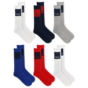 polo ralph lauren men's 6-pack square logo crew sock, multicolored, 10-13