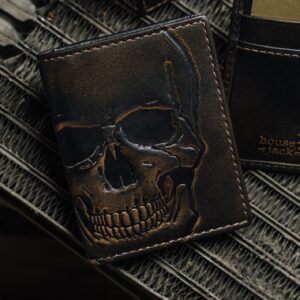 House of Jack Co. SKULL Slim Card Wallet | Minimalist Bifold Card Case | Slim Front Pocket Card Holder | Handburnished Premium Leather