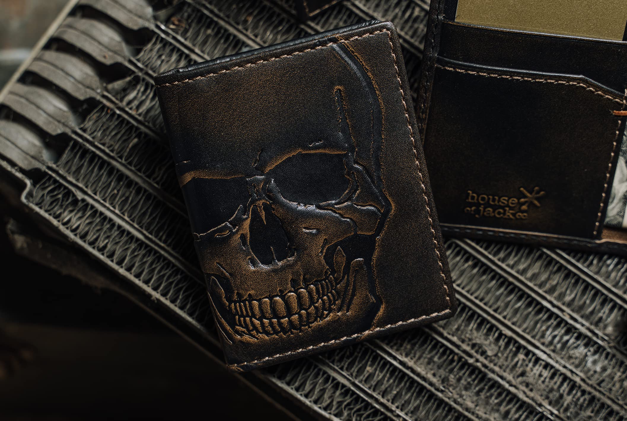 House of Jack Co. SKULL Slim Card Wallet | Minimalist Bifold Card Case | Slim Front Pocket Card Holder | Handburnished Premium Leather